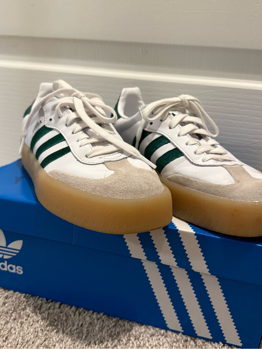 Adidas Samba Leather Sneakers - White with Green Stripes - Picture 2 of 3
